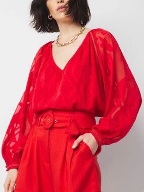 White House Black Market Red Blouse with Sheer Long Sleeves - Size Medium